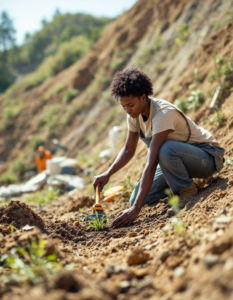 A worker planting grass seeds on a sloped embankment near a construction site, using specialized equipment to stabilize the soil