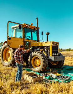 A worker repairing a large tractor in a sunny field, with scattered tools and parts laid out on a tarp nearby