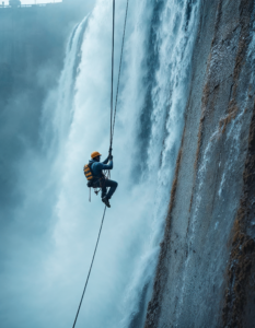 A worker suspended on ropes cleaning or repairing the exterior of a dam, surrounded by cascading water and mist