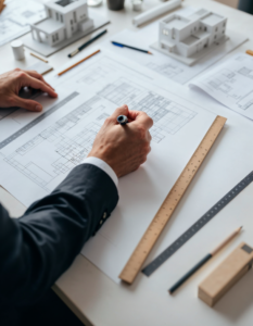 An architect at their desk, sketching detailed blueprints with rulers, pencils, and a 3D model of a building nearby