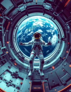 An astronaut floating in zero gravity aboard a space station, with Earth visible through a round window in the background