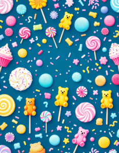 Bright and playful patterns with lollipops, sprinkles, and gummy bears in pastel pinks, blues, and yellows