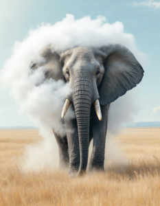 Elephant massive elephant feet touch the ground, its body wrapped in a cloud matching its size, amidst a vast savanna