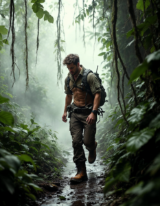 Explorer sturdy boots with thick soles break through the fog, surrounded by dense jungle foliage