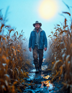 Farmer muddy boots break through the fog, surrounded by golden wheat fields