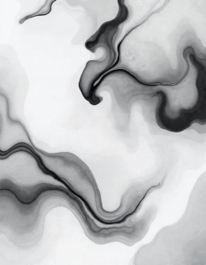 Fluid, organic shapes resembling ink wash paintings in soft grays and whites, promoting a calming aesthetic