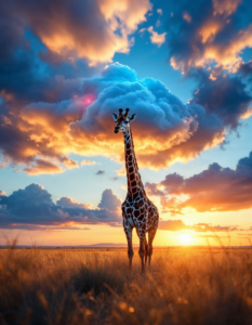 Giraffe hooves peek from a cloud, its tall body hidden, set in a grassy savanna