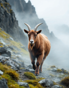 Goat hooves step through mist, surrounded by rugged mountain terrain