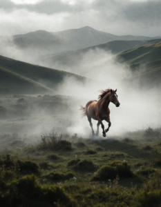 Horse hooves break through the fog, with rolling hills in the distance