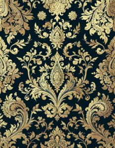 Ornate paisley motifs in muted jewel tones, accented with metallic gold highlights for a luxurious, vintage aesthetic