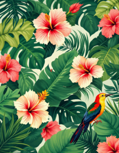 Oversized banana leaves, hibiscus flowers, and exotic birds in rich greens and corals, evoking a lush, tropical paradise