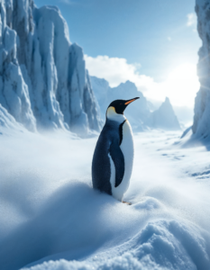 Penguin webbed feet emerge from a frosty cloud, with icy cliffs around