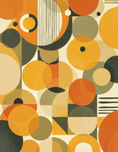 Repeating circles, squares, and triangles in a palette of mustard, olive, and burnt orange, inspired by mid-century modern design