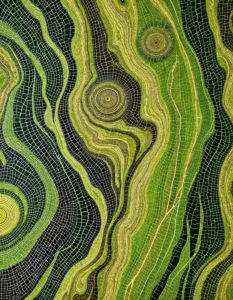 Repeating tree rings, leaf veins, and flowing rivers in earthy greens and browns, inspired by natural textures