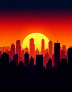 Silhouettes of buildings and skyscrapers with sunset or night gradients, featuring pops of light and shadow