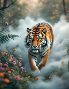 Tiger striped paws step through dense fog-like clouds, surrounded by a jungle backdrop