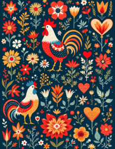 Traditional folk motifs like roosters, flowers, and hearts in bold reds, blues, and whites, perfect for a rustic charm