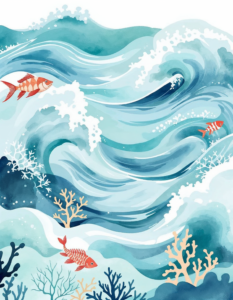 Waves, coral reefs, and sea creatures in fluid watercolor shades of turquoise, indigo, and seafoam green