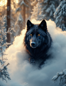 Wolf paws emerge from a cloud, blending with a snowy forest landscape