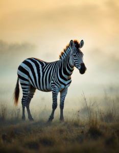 Zebra striped hooves break through the fog, amidst a grassy plain