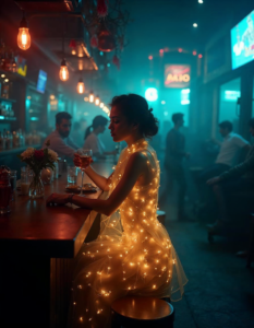 A being made entirely of soft golden light sits alone in a dimly lit bar