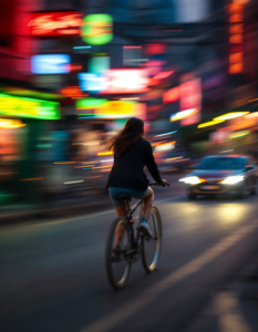 A blurred photograph of a cyclist weaving through a bustling city street at dusk