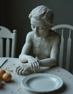 A clay figure at a dinner table absentmindedly runs their fingers along their own arm, leaving small indentations