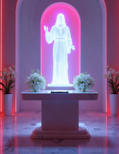 A compact, portable altar that projects holographic images of deities or sacred symbols