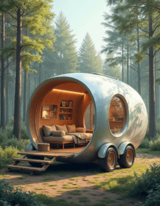 A compact, self-driving pod that unfolds into a fully equipped camping space