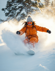 A dramatic shot of a snowboarder carving through fresh powder in a blizzard