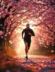 A dreamy image of a runner moving through a tunnel of cherry blossoms, their figure blurred against the sharp, pink petals that flutter in the wind