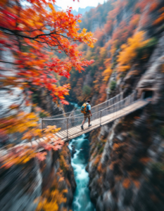 A dynamic photograph of a hiker walking across a swaying suspension bridge, their figure blurred against the sharp, rugged canyon below