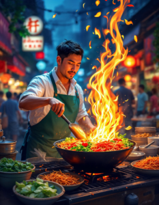 A fast-paced shot of a street vendor tossing ingredients in a wok, with flames leaping upward