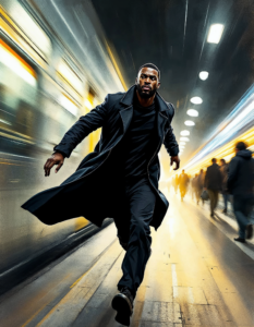 A high-energy shot of a commuter sprinting across a train platform, their coat billowing behind them