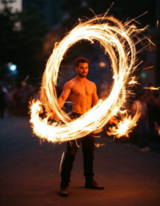 A high-energy shot of a street performer spinning fire poi, the flames creating streaks of light in the dark