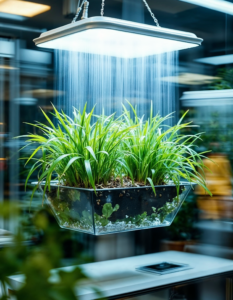 A levitating indoor garden with plants suspended in mid-air, held by invisible magnetic fields