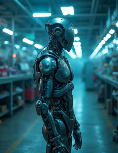 A metallic figure stands at a factory assembly line, their body made of coiled wires and steel plates