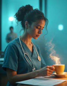 A nurse on a night shift, soft hospital lighting, medical charts, steaming coffee, serene and intimate atmosphere, cinematic realism