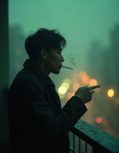 A sand figure smoking on a balcony at midnight, their fingers crumbling slightly with each drag, city lights in the background, introspective tone