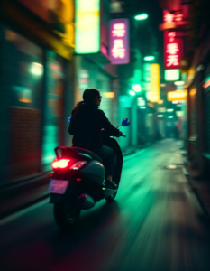 A stylized shot of a scooter rider zipping through a narrow alley lit by neon signs