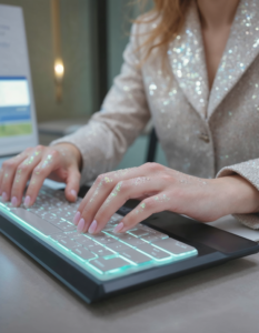 An iridescent office worker typing on a keyboard, their fingers fading into light trails, their glow dimming slightly under artificial office lighting