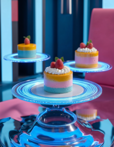 Desserts served on levitating platters for a futuristic dining experience