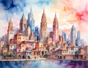 A city view made with watercolors
